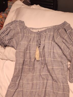 Girls Light Blue Puff-Sleeve Peasant Top with Tassel Tie